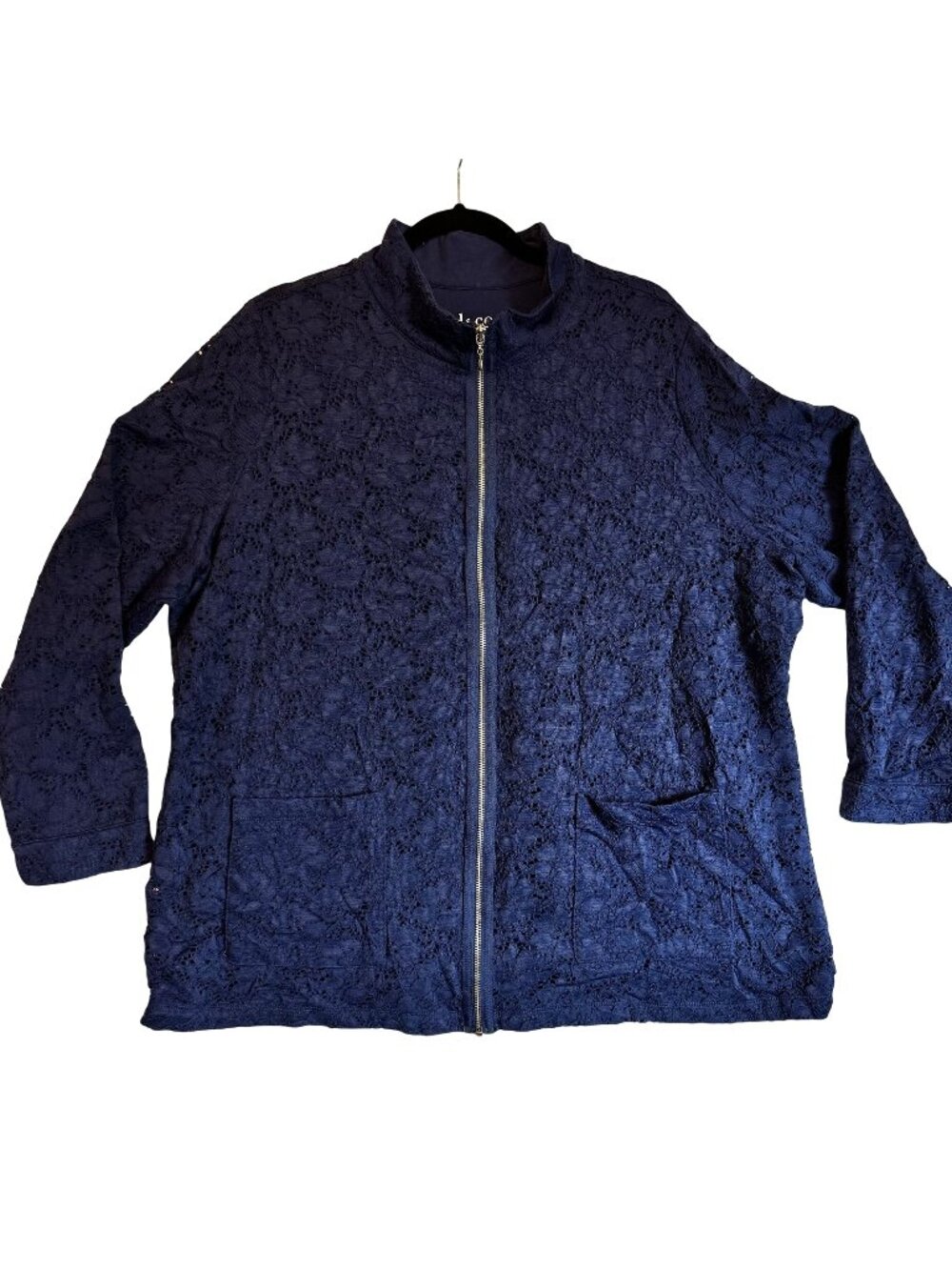 Denim & Co. Womens Navy Lace Zip Front Jacket 2X Lightweight Stretch Lined